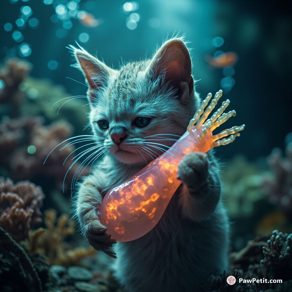 An alien cat playing jazzy tunes on a glofish gillophone underwater on an extraterrestrial coral reef.