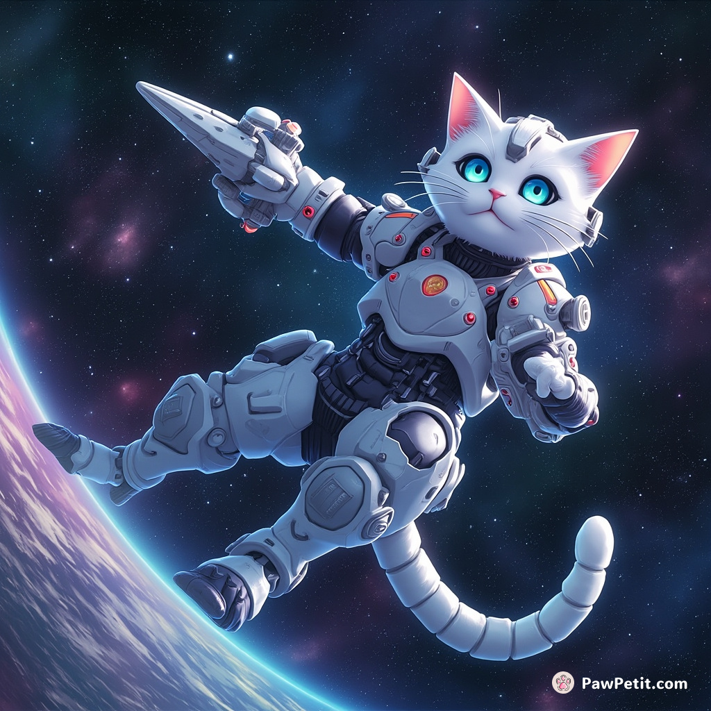 Cybernetic space cat conducting a starship orchestra in a nebula.