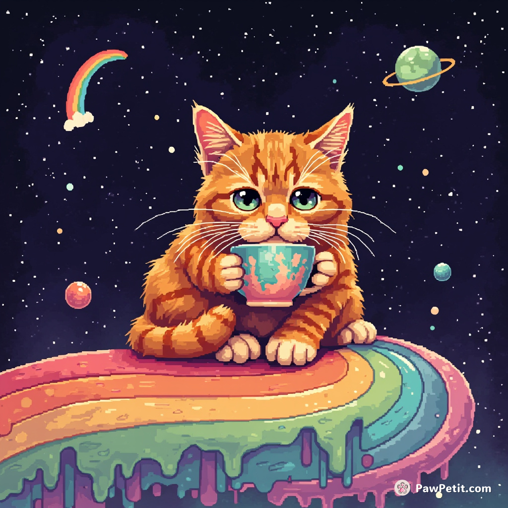 A ginger cat snobbishly sipping peppermint tea on a melting rainbow in outer space.