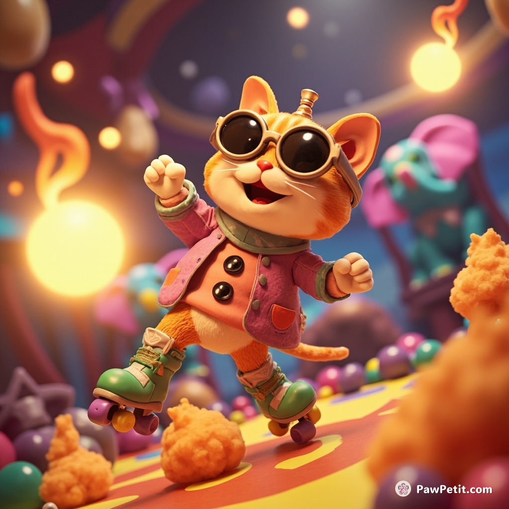 Cat on roller skates juggling fireballs in a floating alien circus, with technicolor elephants as background.