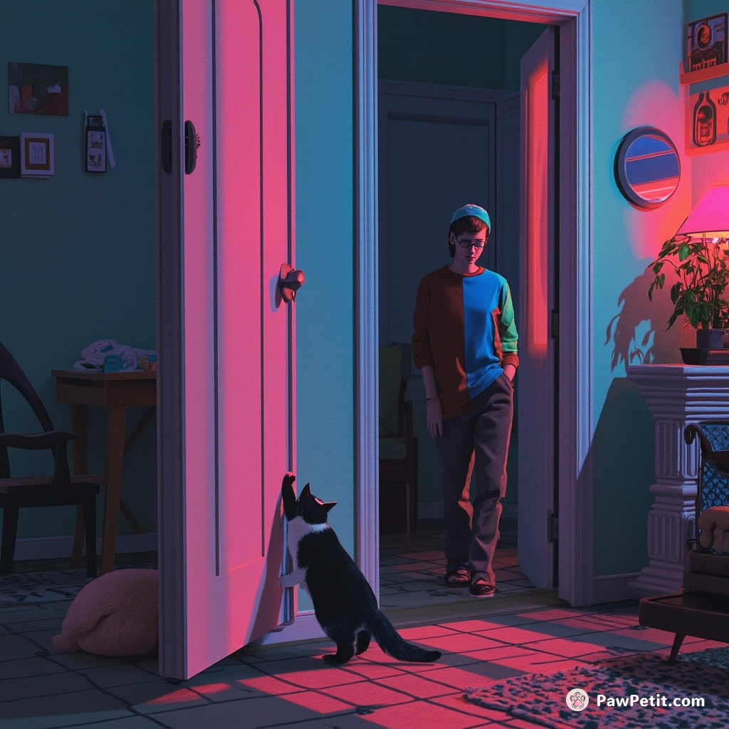 A cat stealthily unlocks a door, letting a human unknowingly enter their secret world.