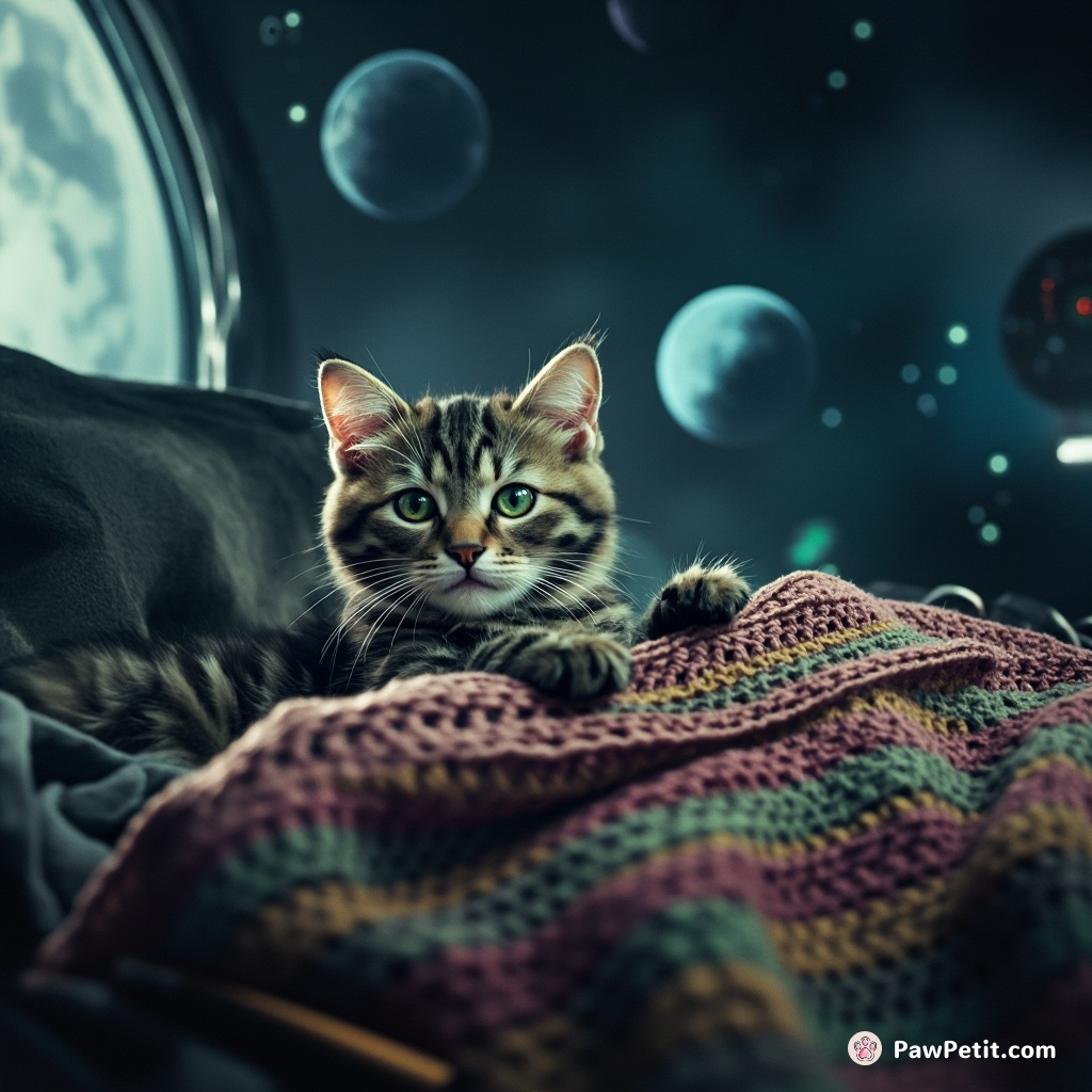 Majestic cat serenely crocheting an alien spacecraft cover in zero gravity.