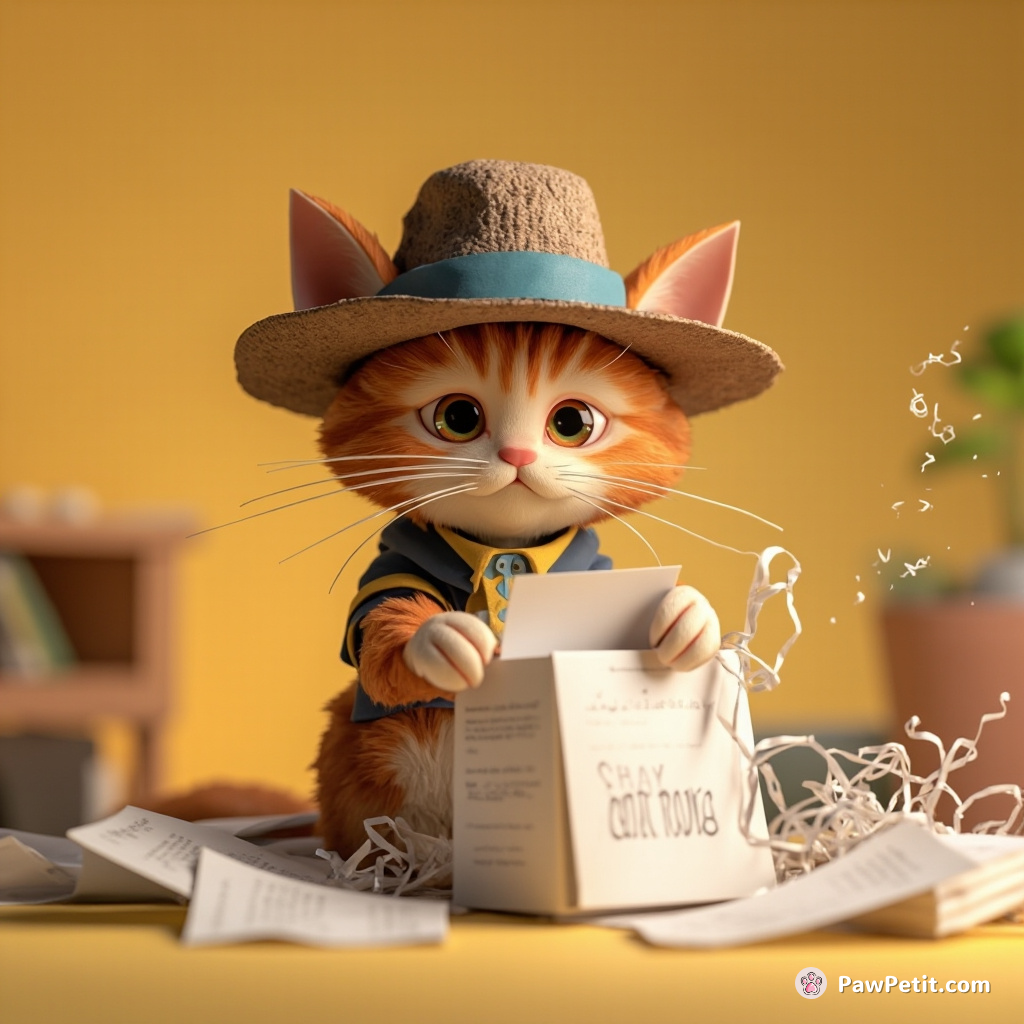 The cat, wearing a tiny hat, tries to "work from home," shredding important documents with its paws.
