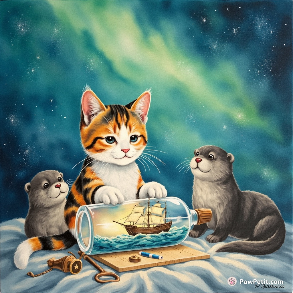 A calico cat crafting a ship in a bottle under the Northern Lights with sea otters as assistants.