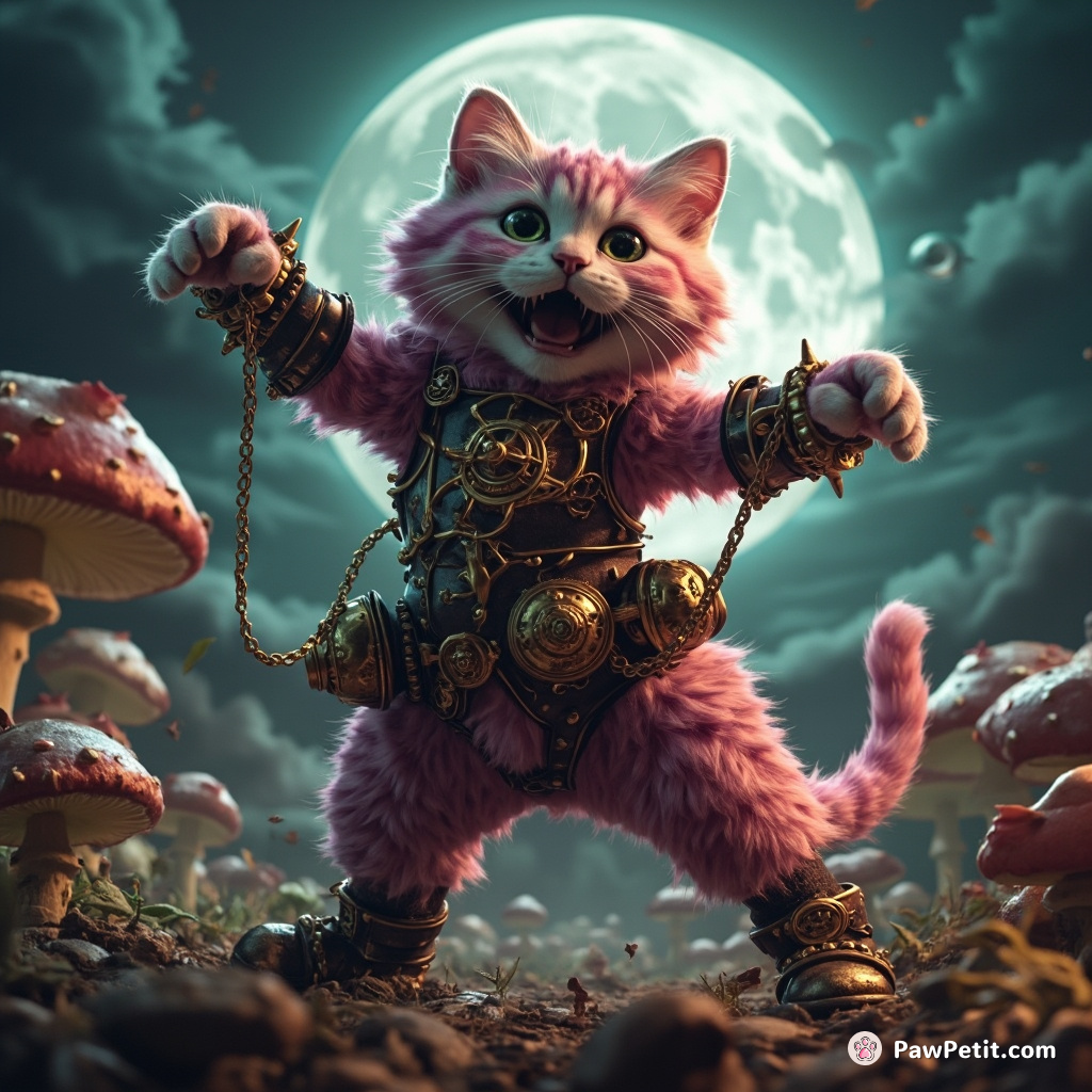 Cheshire cat participating in wild hip hop dance battle on moonlit psychedelic mushrooms, wearing steam-powered clockwork armor.