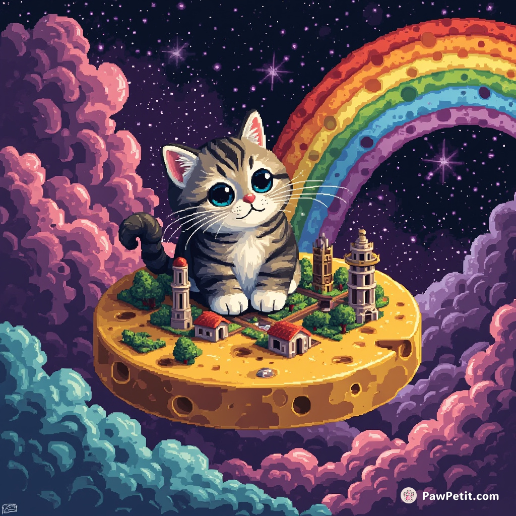 Cat mischievously controlling miniature civilization on floating cheese wheel in a rainbow-hued nebula.