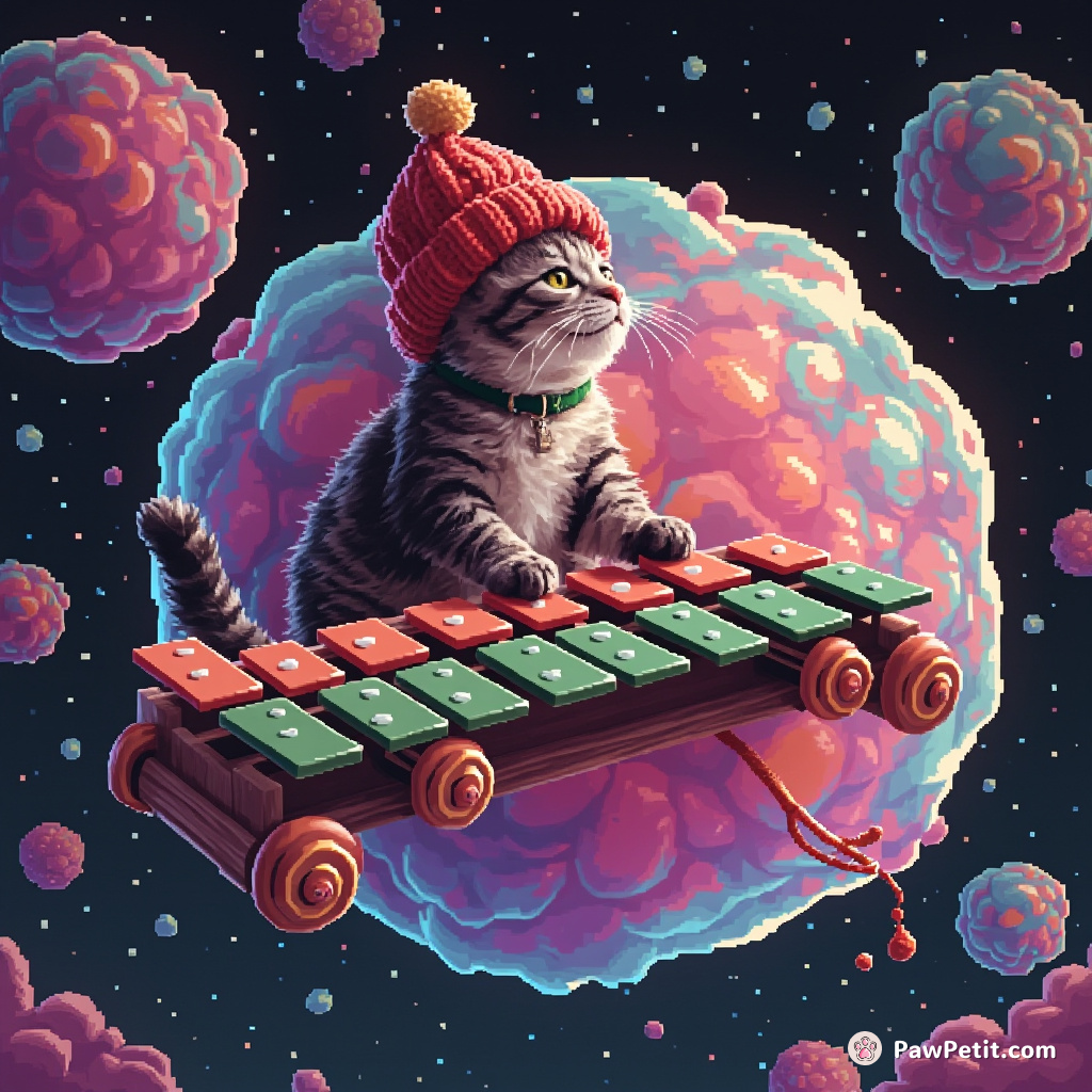 Cat playing a velvet marimba on a gigantic jellybean in zero gravity.