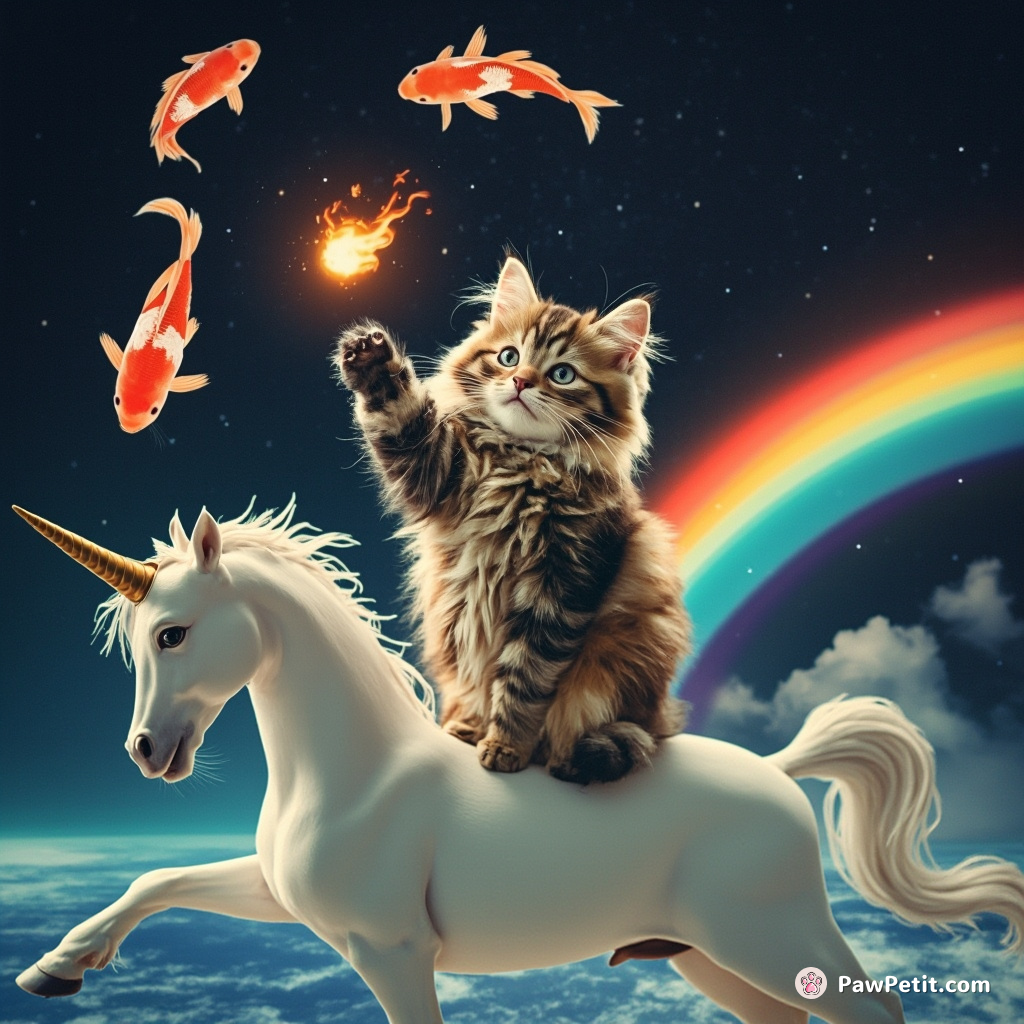 A cat juggling flaming fish while standing on a unicorns back, surfing a rainbow in outer space.
