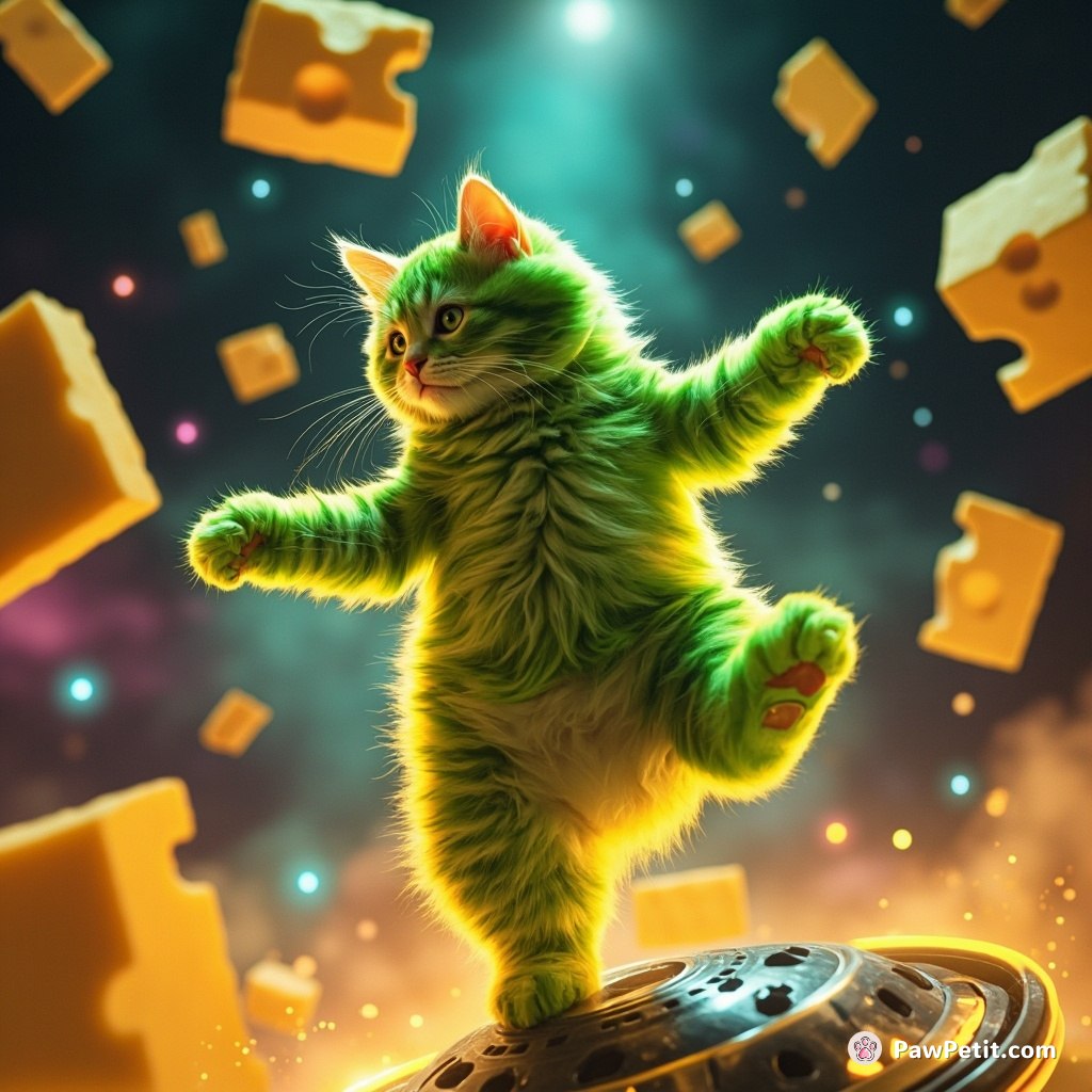 A neon green cat breakdancing on a disco-themed spaceship, dodging floating hunks of magical cheese.