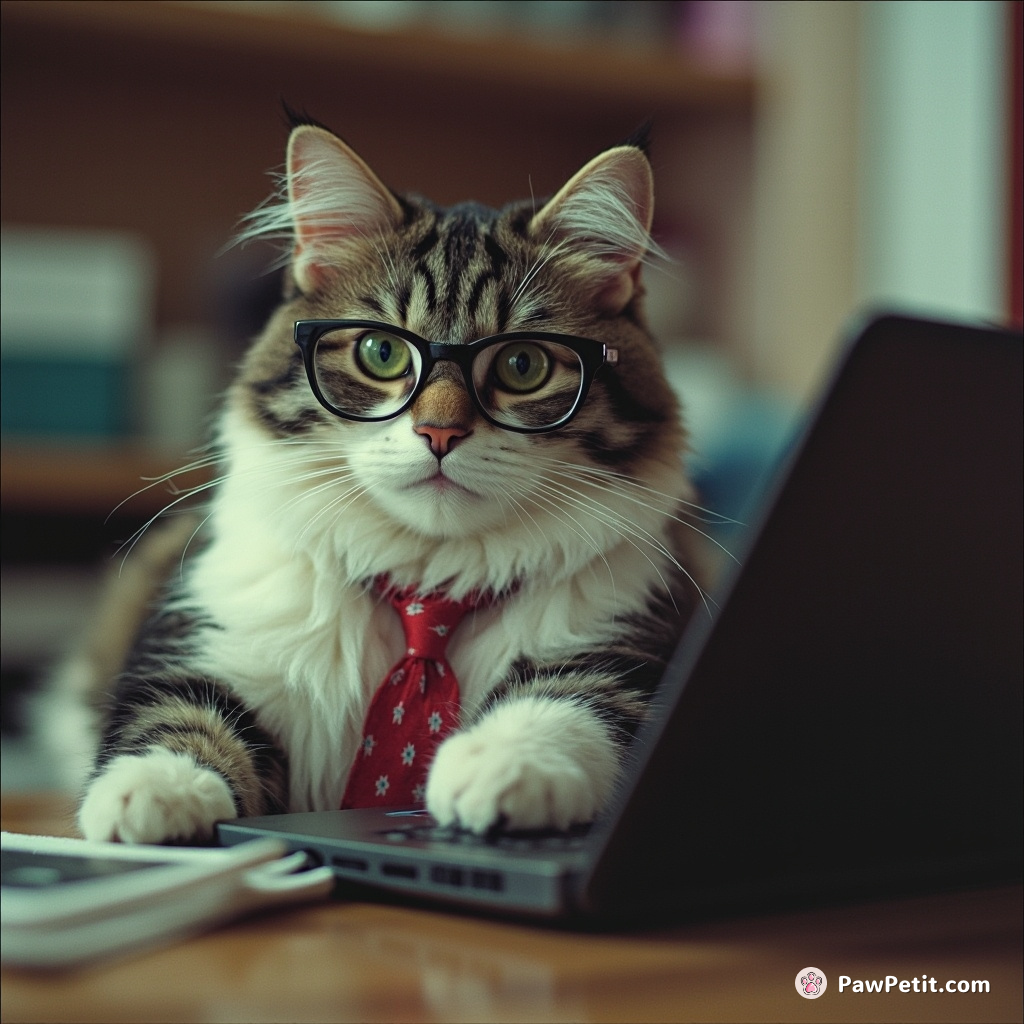 Cat, wearing a tiny tie and spectacles, diligently taps at a laptop with its paw, mimicking office work.