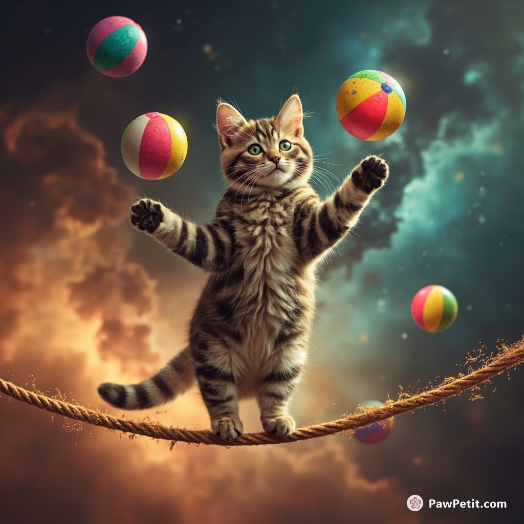 A celestial cat juggling neon-colored beachballs on a tightrope made of stardust, across a tea-infused nebula.
