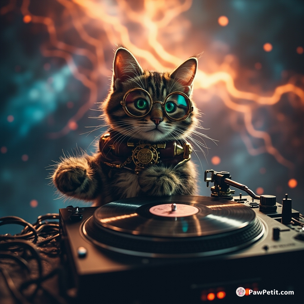 Steampunk cat DJ mixing records on a floating turntable in a phantasmagoric nebula.