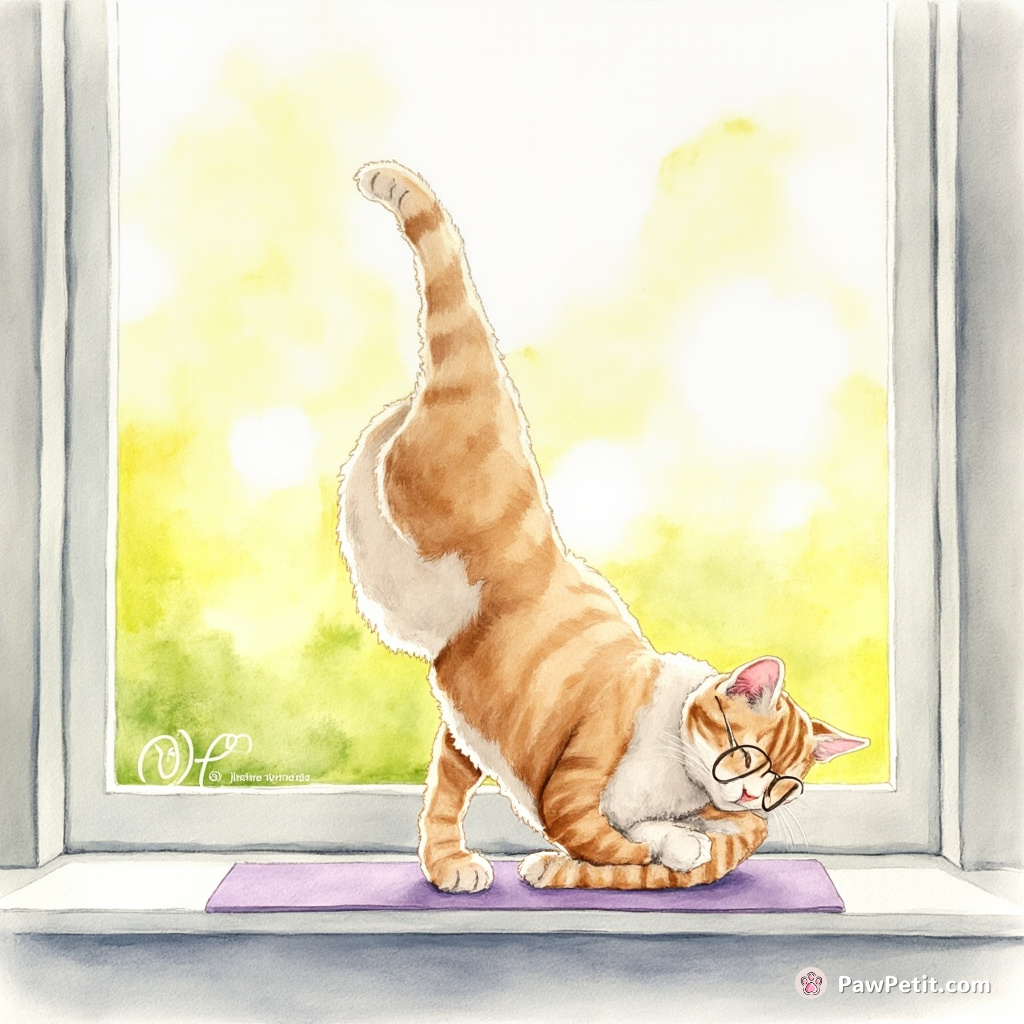 Curious Whiskers dons tiny spectacles, diligently practicing yoga on a sunlit windowsill, perfecting the "downward dog" pose.
