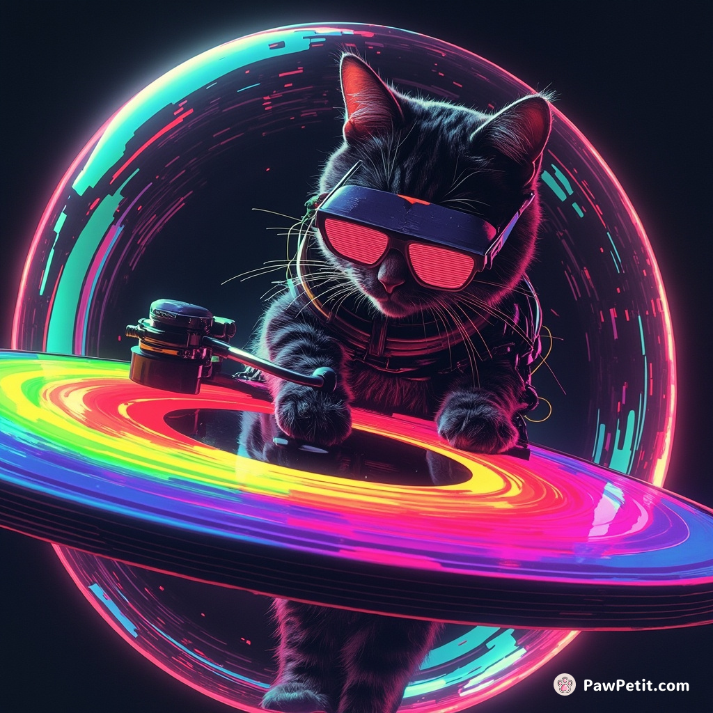 Cyberpunk cat DJ scratching rainbow vinyl records in a zero gravity bubble.