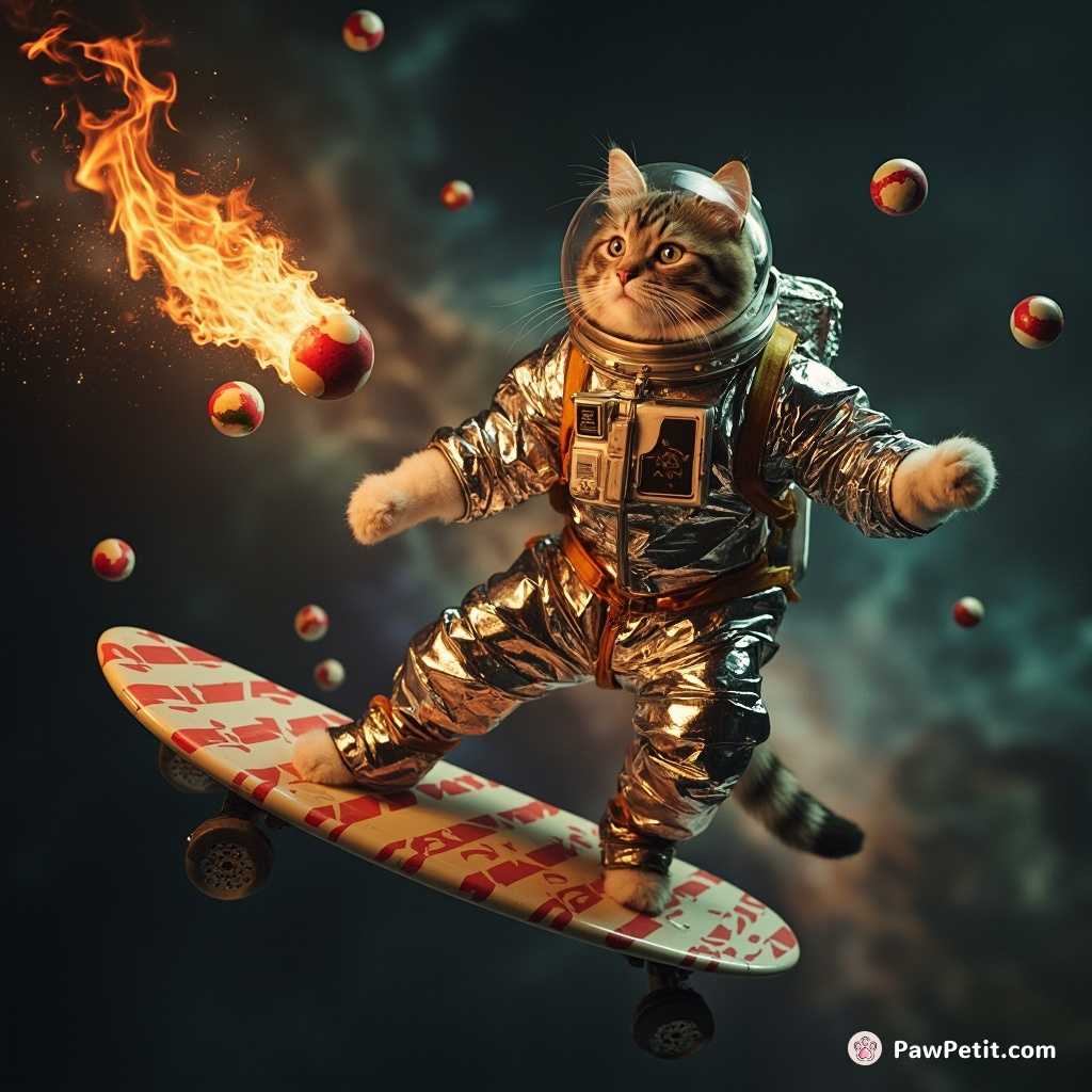 A regal cat wearing a tinfoil spacesuit, spinning fiery juggling balls with its paws atop a candy-cane-striped surfboard floating in a zero-gravity nebula.