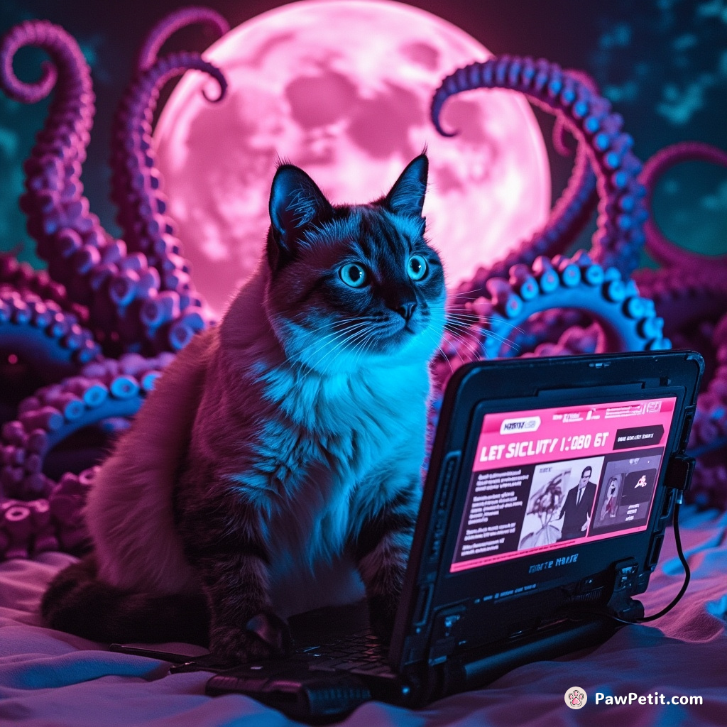 A Siamese cat browsing contradicting news online with octopus tentacles protruding from a huge marbled moon behind him.
