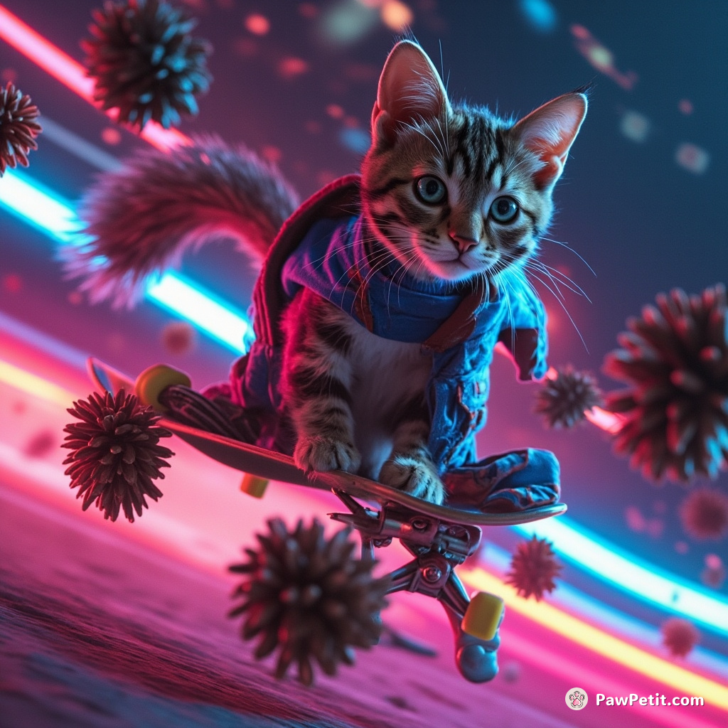On a bold, squirrelly race, skateboard-clad cat hilariously bobs and weaves between popping pinecones, emulating extreme sports stunts.