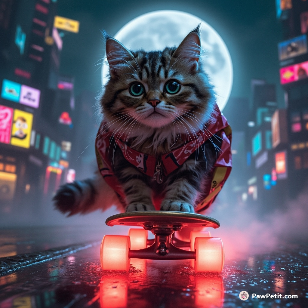 Cyberpunk cat on neon skateboard skidding through apple pie rain in a cheese moonlit alien cityscape.
