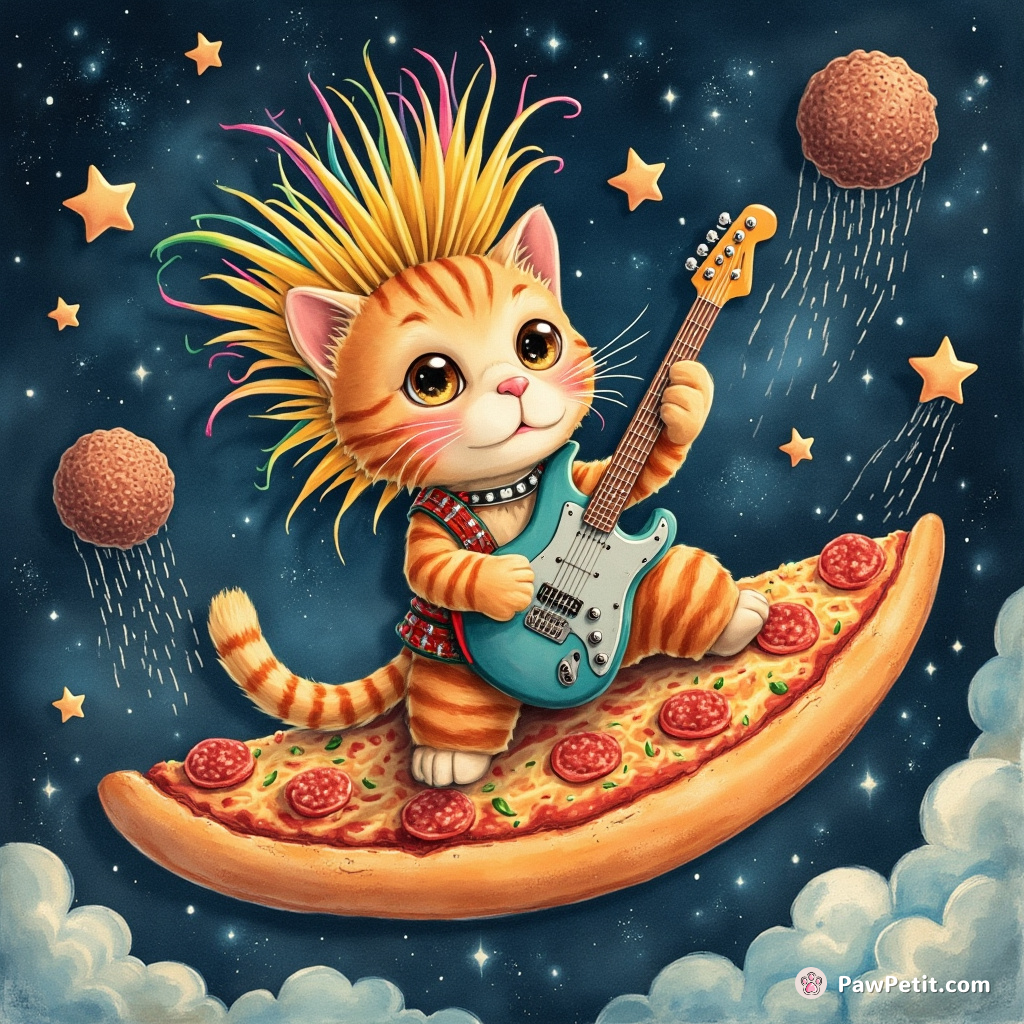 A punk rock cat with neon mohawk, shredding a cheese grater guitar on a floating slice of pizza in outer space, while being cheered on by star-shaped sentient meatballs.