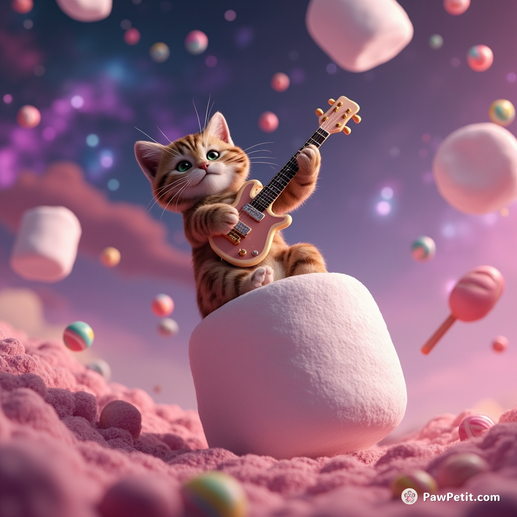 Cat playing electric guitar atop a giant marshmallow in an antigravity candy galaxy.