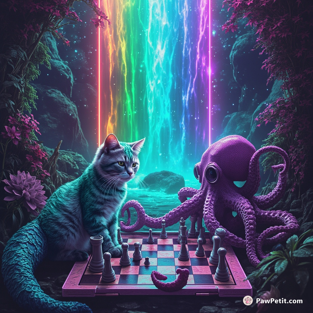 Mermaid cat playing chess with an octopus under a rainbow waterfall.