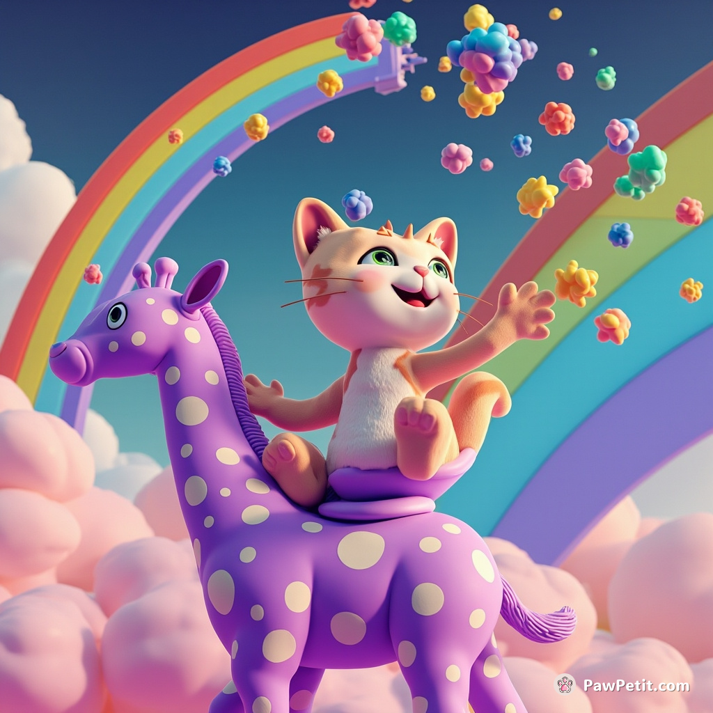Cat juggling miniaturized galaxies while riding a purple polka-dot giraffe under an inverted rainbow.