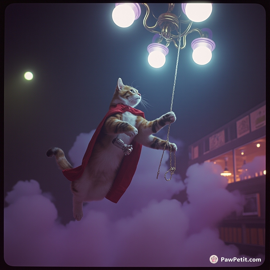 A cat, mistaken for a hero, bravely leaps onto a falling chandelier to save a child, swinging to safety.