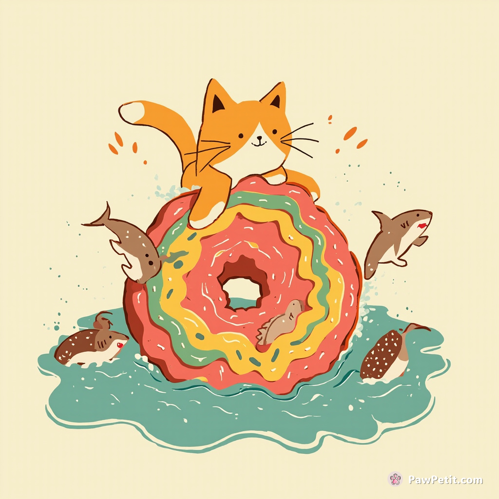 Orange tabby cat surfing on a colossal, rainbow-iced donut across a sea of hot chocolate, while sharks made of cookies leap around.