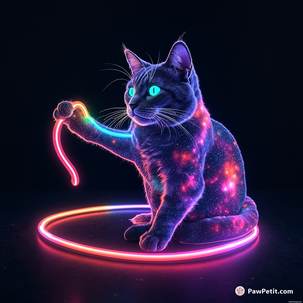 A giant cosmic cat made of glowing galaxies playing with a neon rainbow floss in an empty black universe.