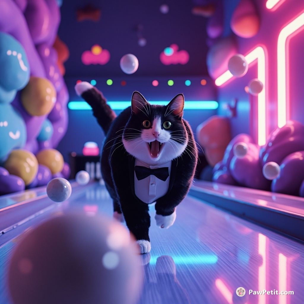 A tuxedo cat bowling with moon rocks in an intergalactic neon-themed alley.