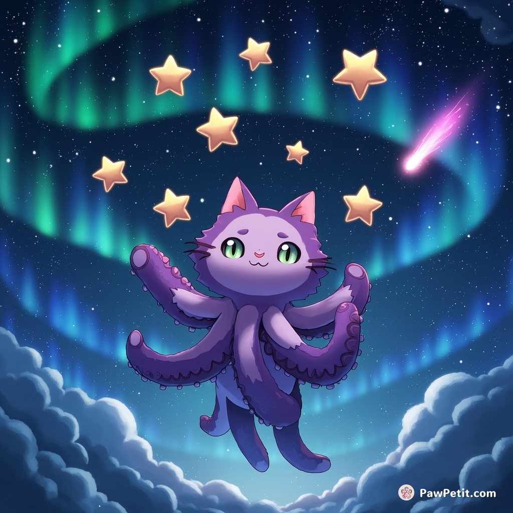 A cat octopus hybrid juggling seven stars and a meteor beneath the neon northern lights.