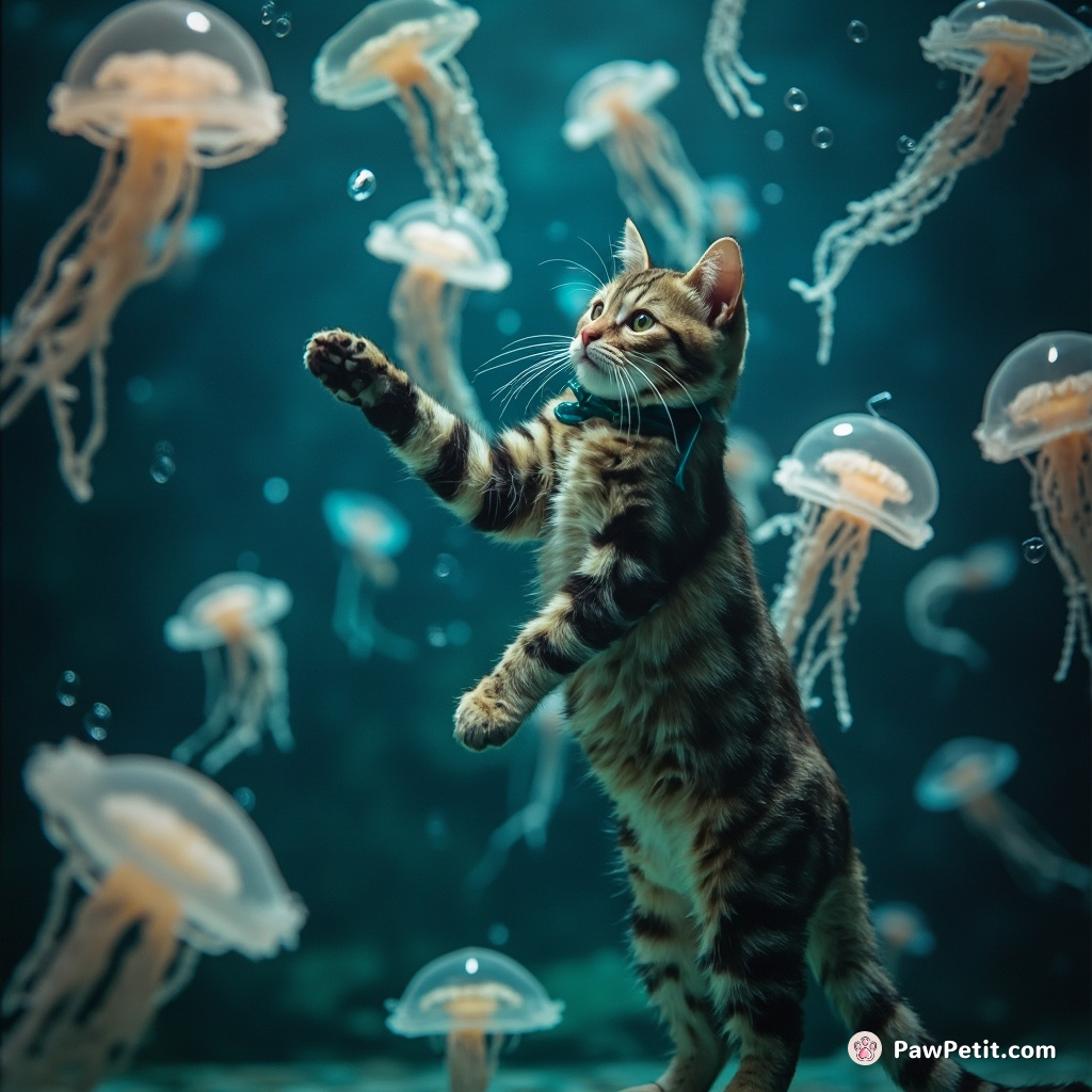 Cat staging a broadway musical underwater with jellyfish dancers.