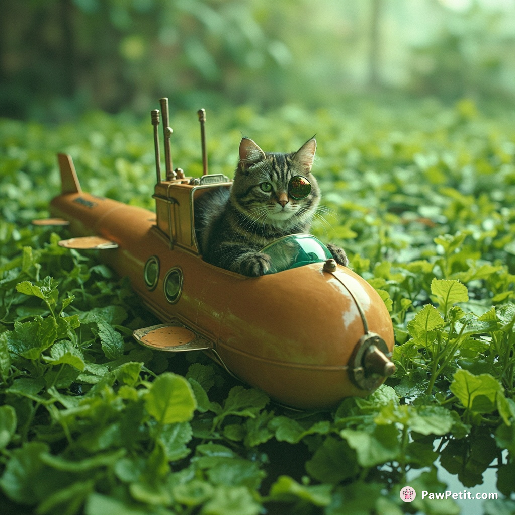 Steampunk cat piloting an onion submarine in a sea of green tea.