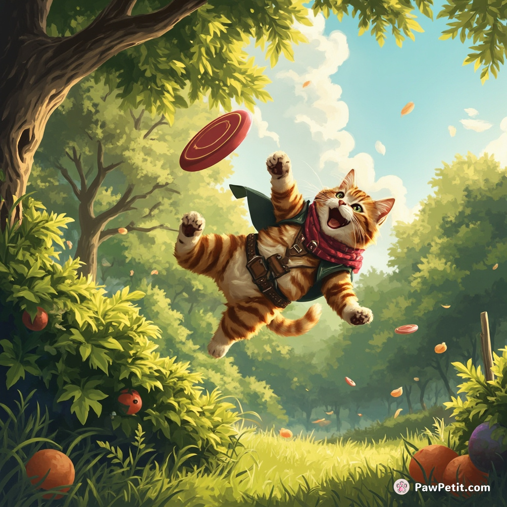 **Title: "The Feline Outlaw"**

In the park, a cat attempts a daring heist: stealing a frisbee mid-flight, landing in a bush with a triumphant meow.