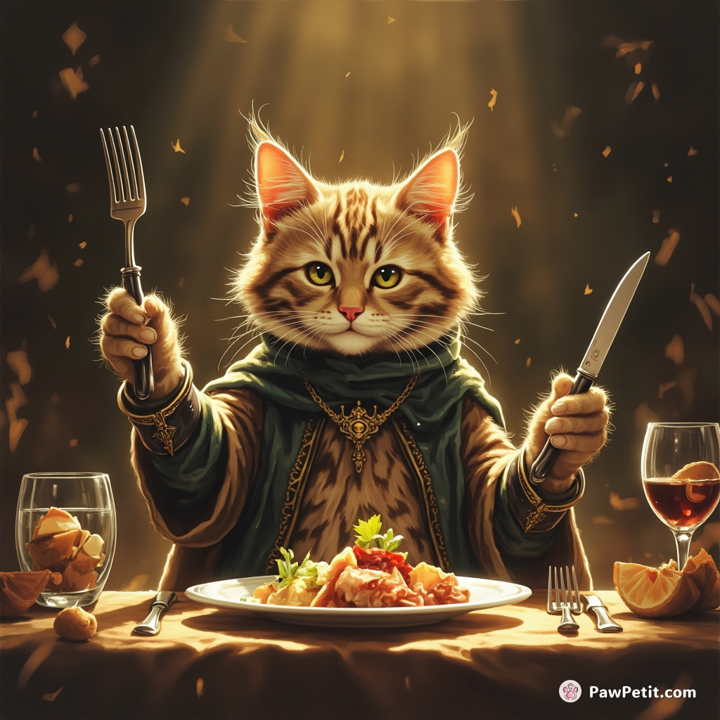 The cat sits upright at the dinner table, delicately holding a fork and knife with its paws.
