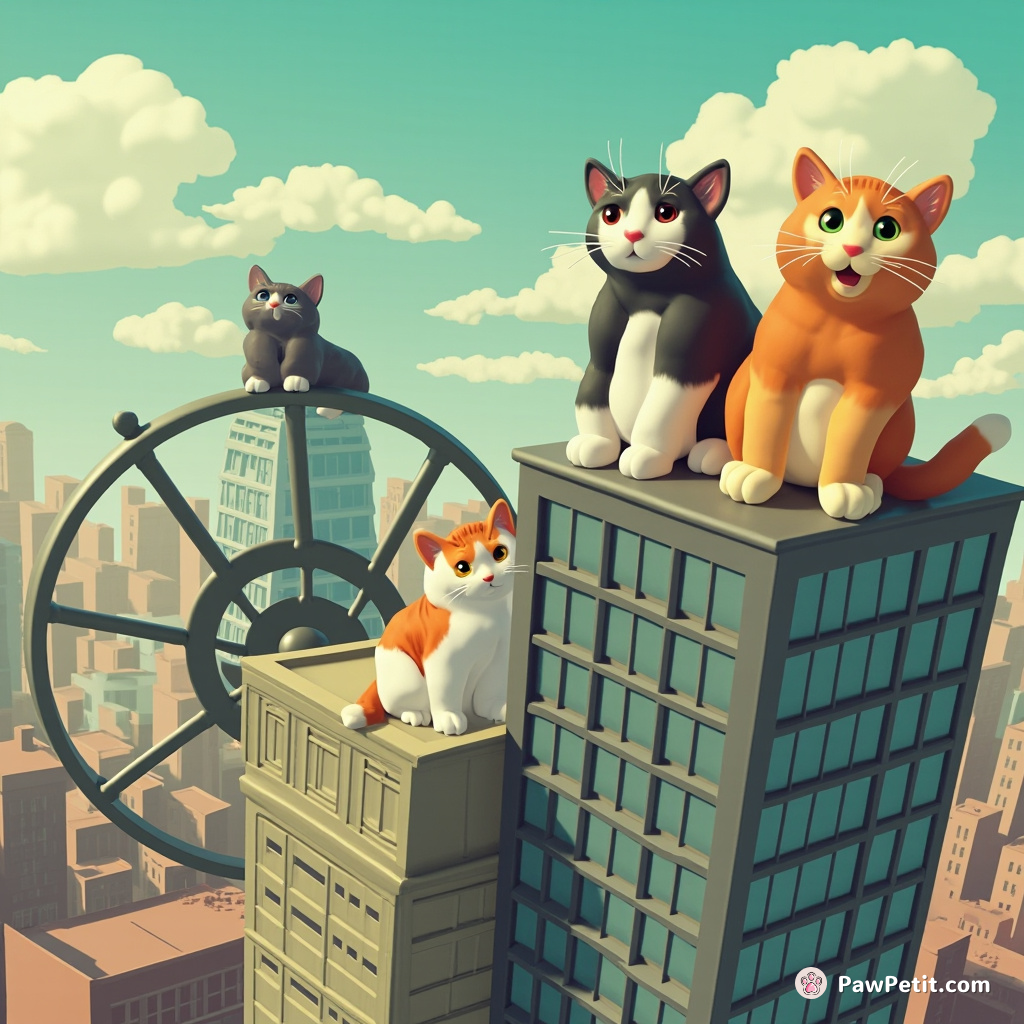 Cats sit atop skyscrapers, surveying humans below as they guide the wheel of society with cool nonchalance.