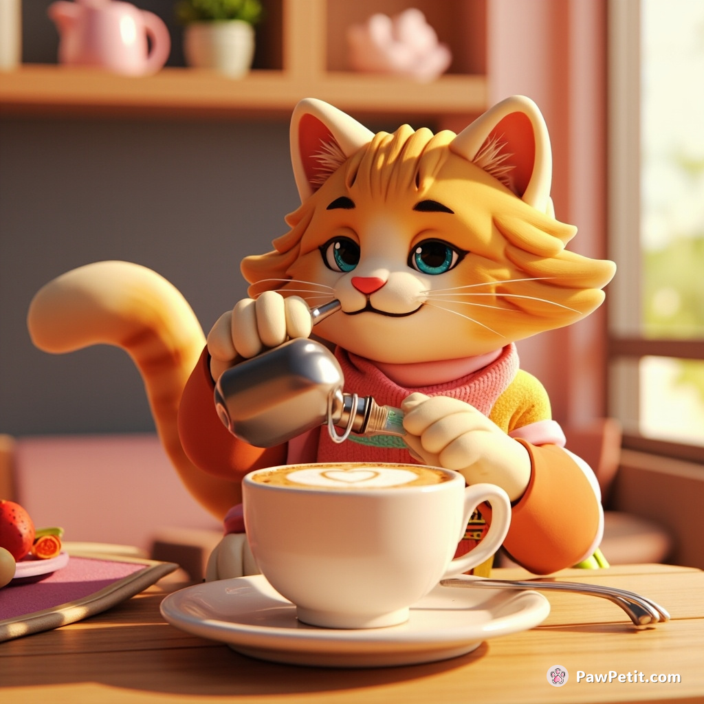 In Kitty Café, Espresso the cat experiments with latte art, trying to perfect his human owner's heart froth masterpiece.