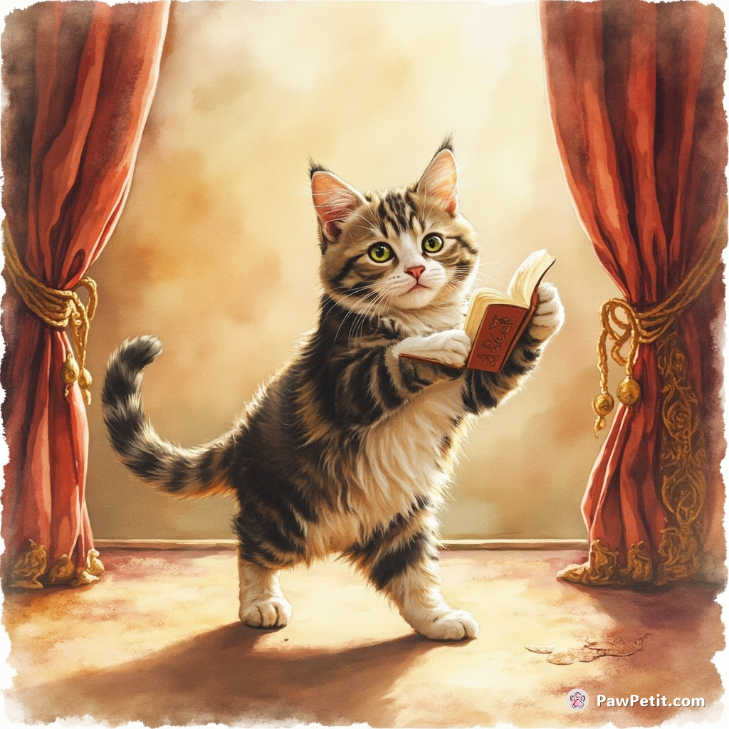 A cat practices walking on two legs to perform Shakespeare at the local theater, aiming to outshine human actors.