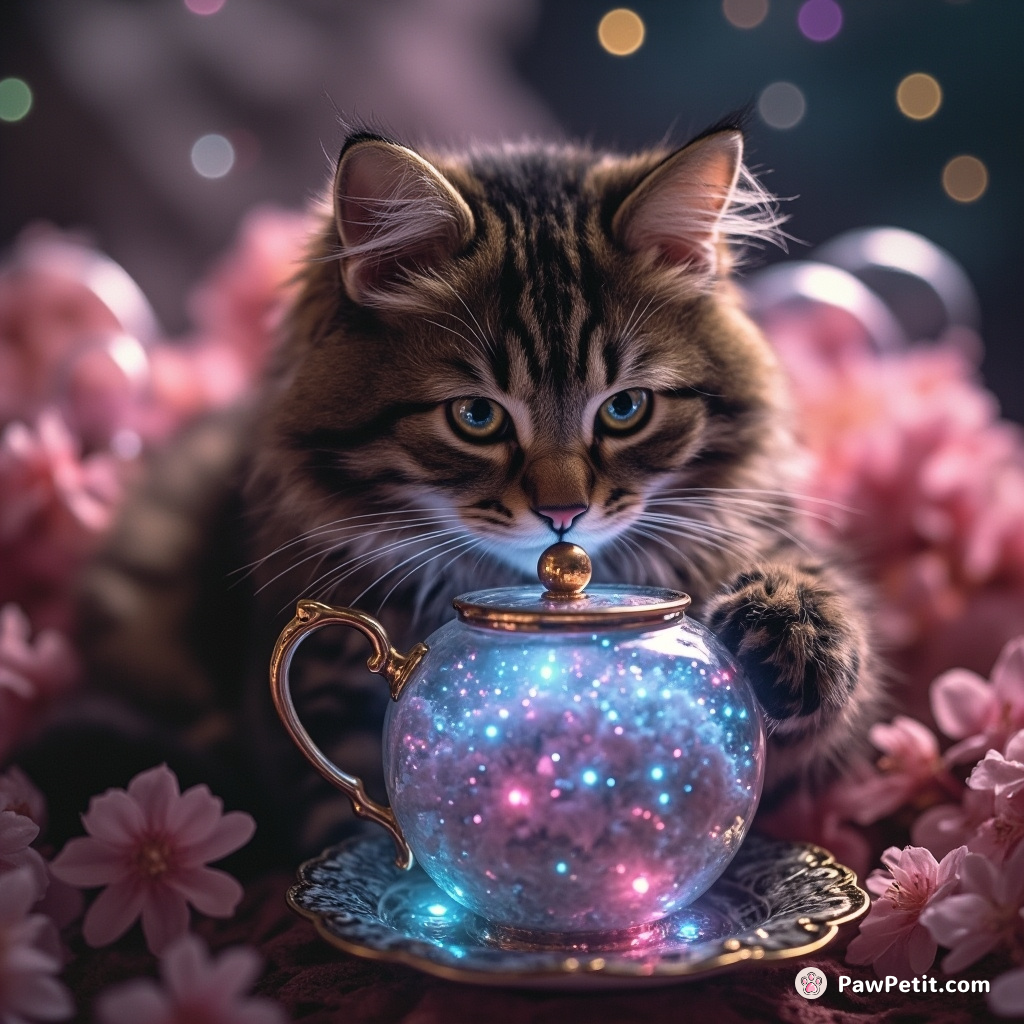 A Victorian-era cat elegantly sipping on a teapot full of luminescent galaxies under the cherry blossom helmets of miniaturized alien bears.