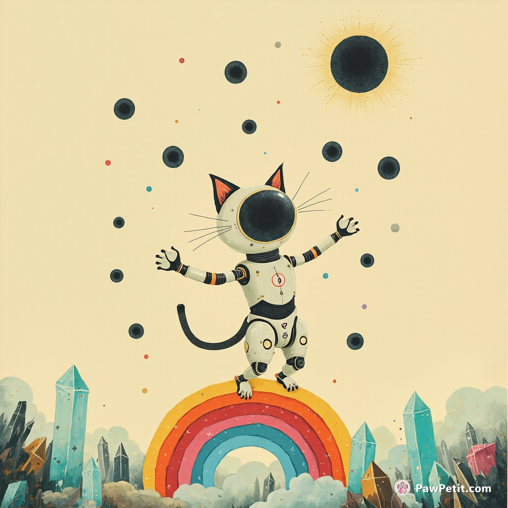Cyborg cat balancing on a crystalline rainbow while juggling miniature black holes.