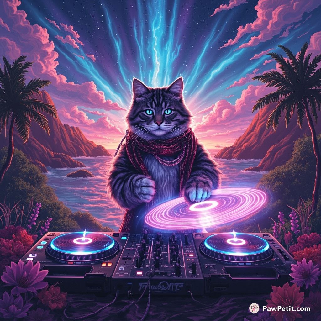 Pixel-art cyberpunk cat DJ at a volcanic luau party under neon auroras, spinning ethereal sound disc holograms.