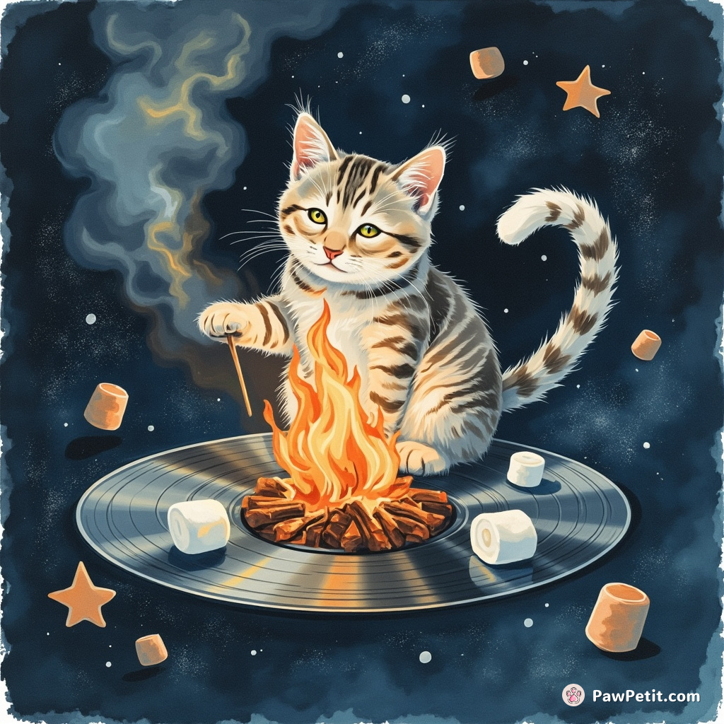 A cat roasting marshmallows with its tail, floating on a vinyl record in outer space.