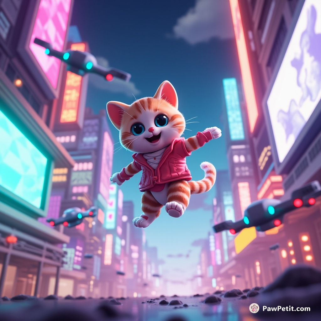 A cat leaps between holographic billboards, deftly dodging automated drones in the neon-lit skyways of the futuristic city.
