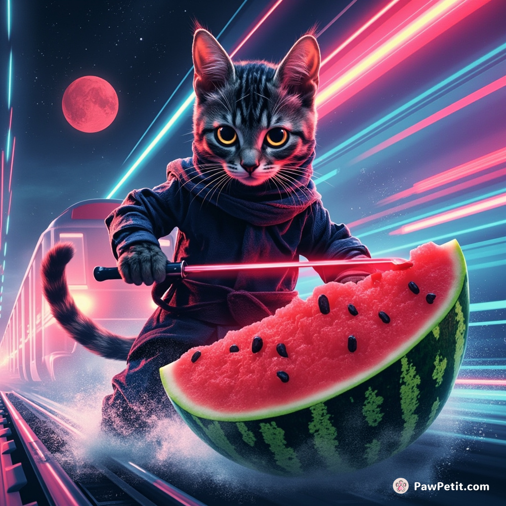 A ninja cat slicing a tsunami-size watermelon on top of a speeding space train.