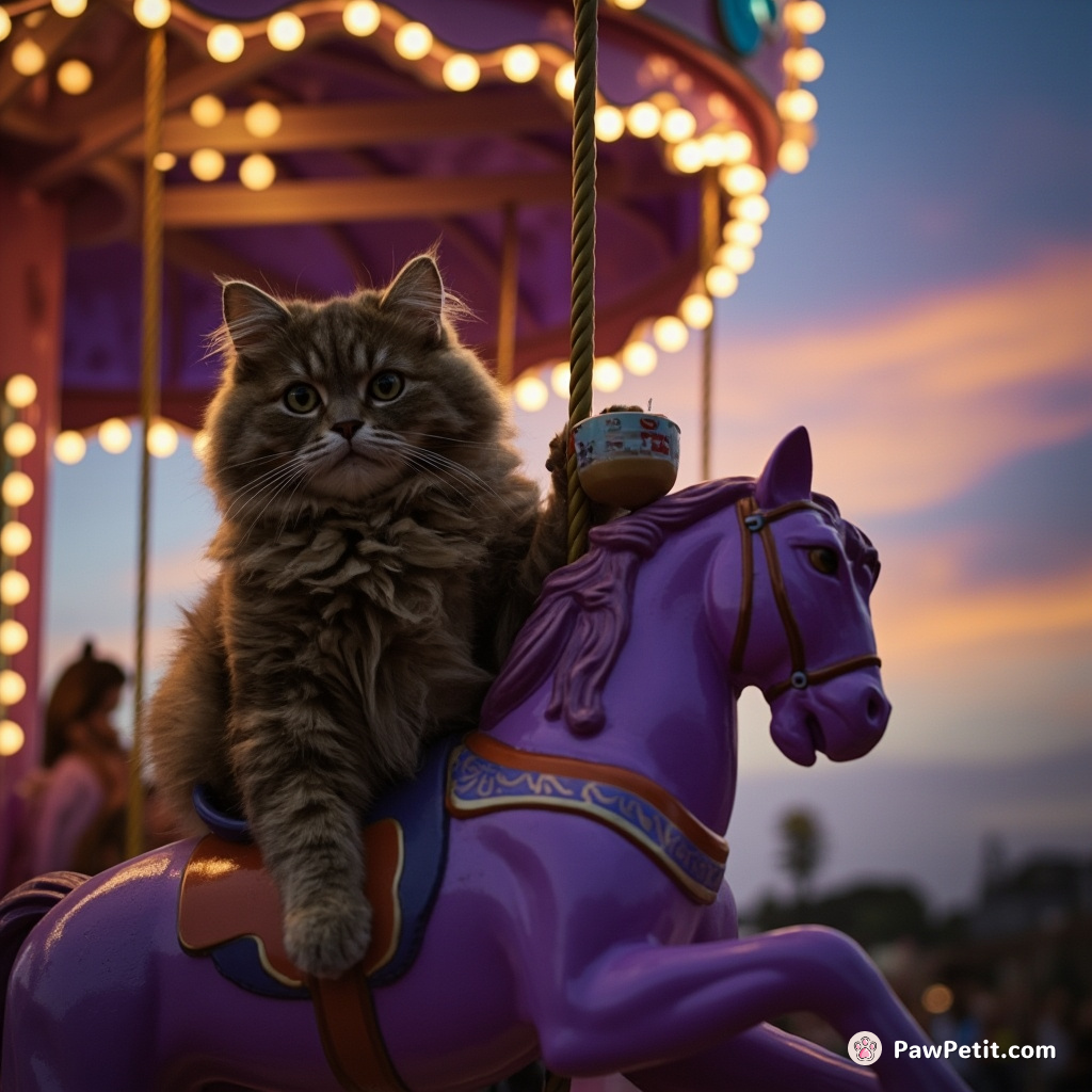 An olive green cat serving cappuccinos on a purple carousel in mid-swing at dusk.