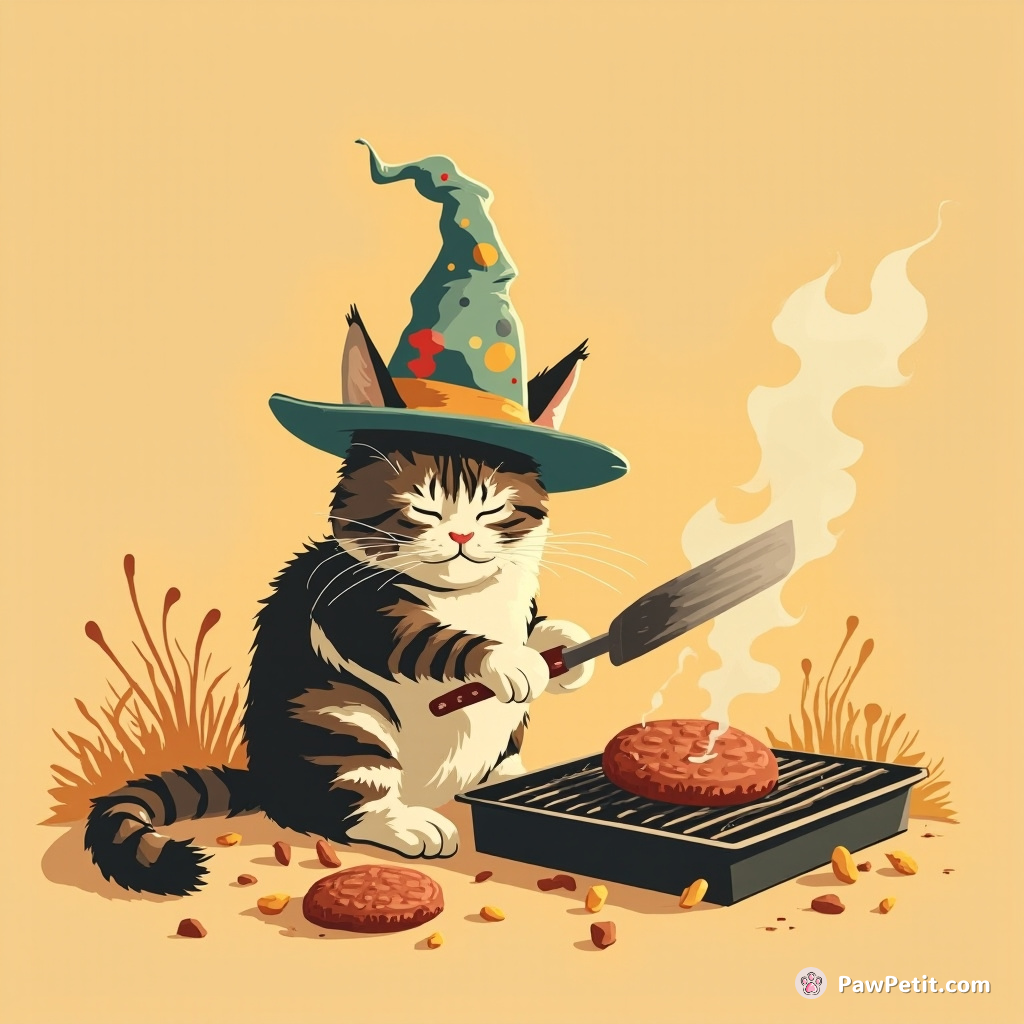 Sporting a comical hat, the tabby cat sunbathes leisurely while attempting to flip burgers at a neighborhood BBQ party.