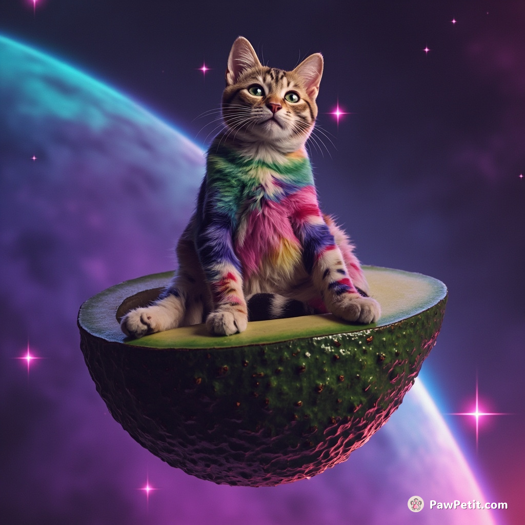 A tie-dyed cat balancing on a floating avocado in space, serenely meditating.