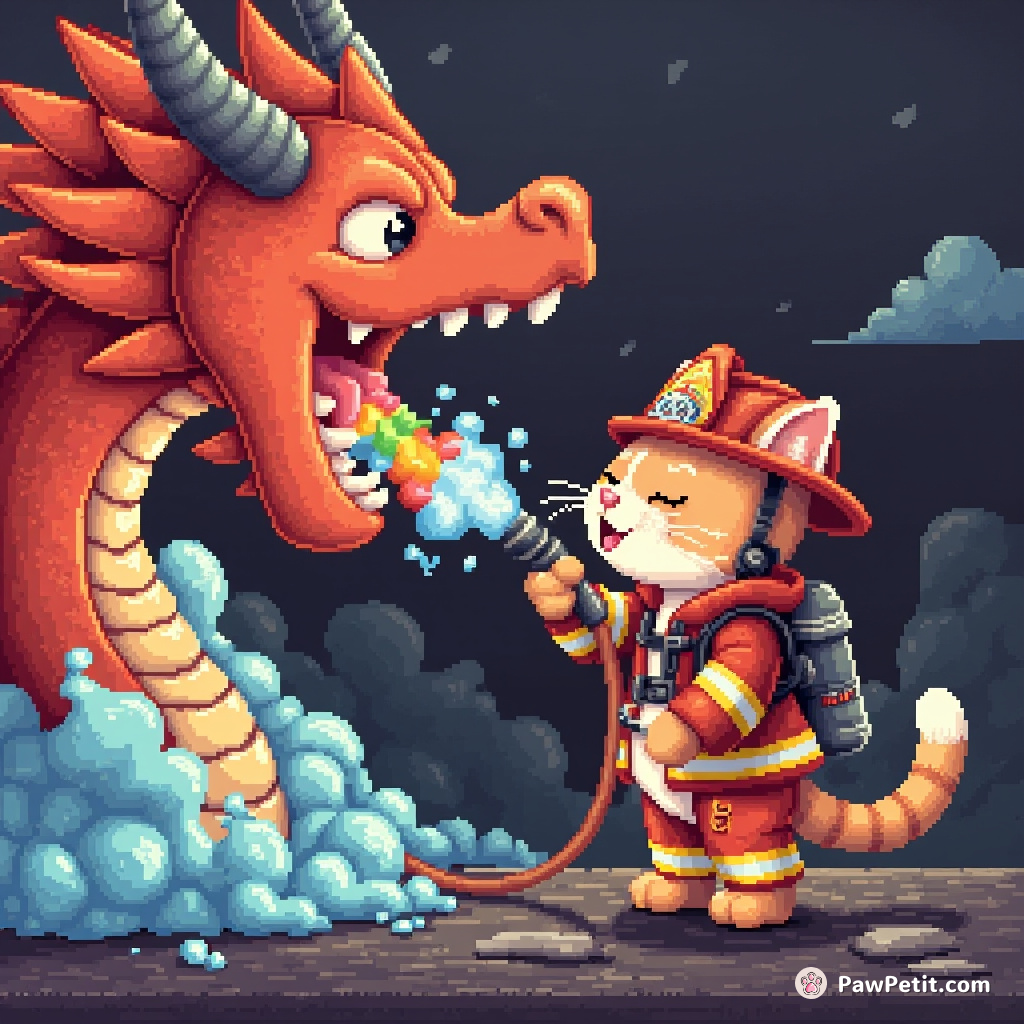 A firefighter cat extinguishing a roaring dragon's breath with a hose filled with rainbow foam.