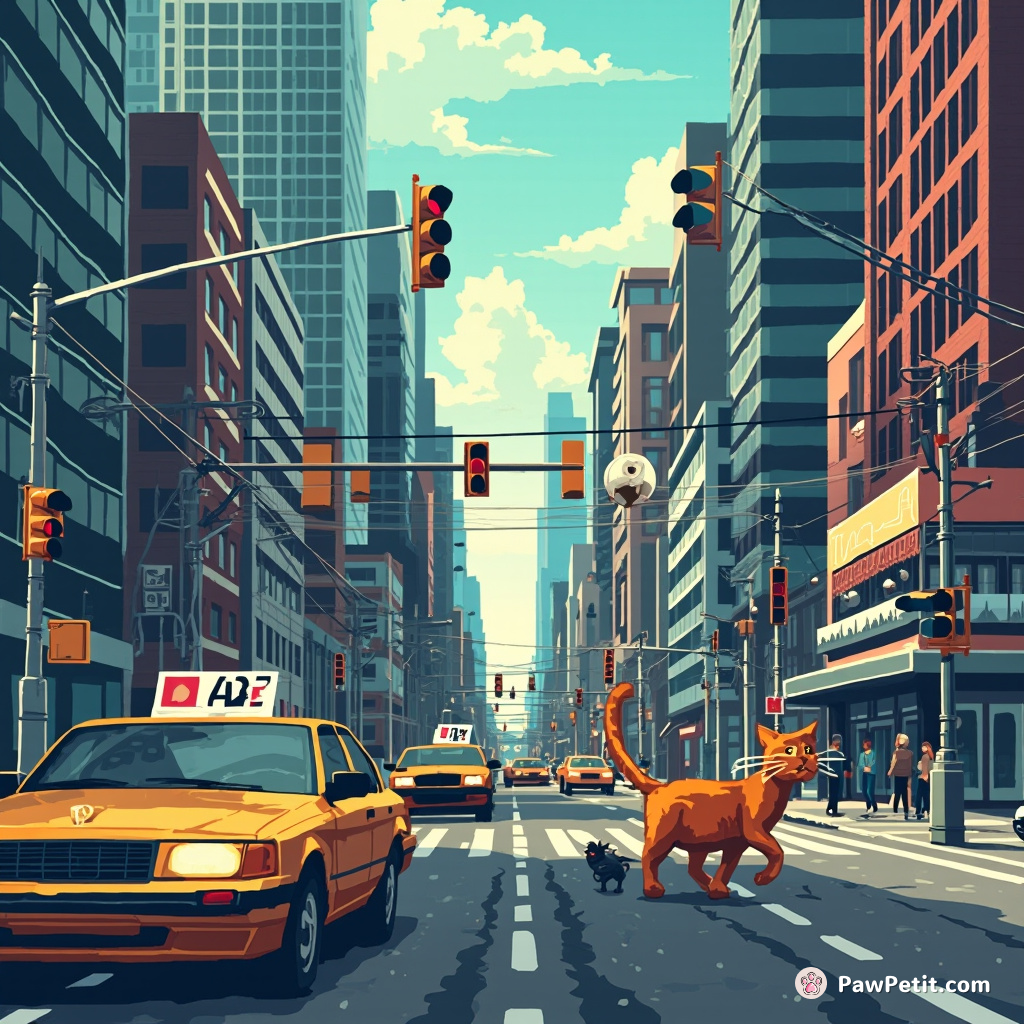 In a smart-city, kitty triggers traffic lights, causing planned chaos to catch а robotic mouse during the rush hour.