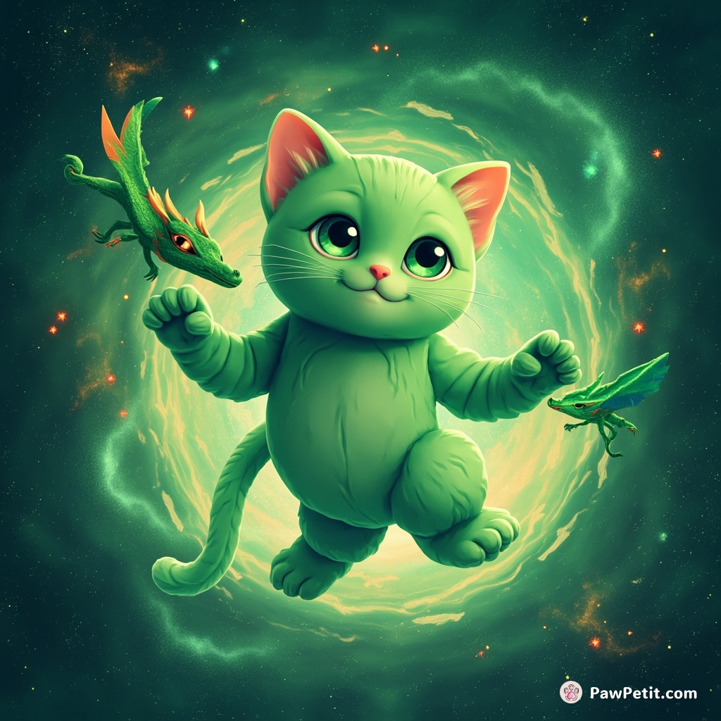 A jade-green cat levitating above a bright, swirling nebula, throwing thousand-year-old cosmic fireballs down at swooping emerald dragons.